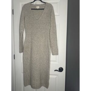 Hm Long V Neck Rib Knit Sweater Midi Dress Medium Beige Mix